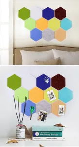Detail showing colorful hexagonal felt wall stickers used as a creative home bulletin board