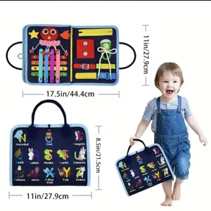 Educational felt busy board for toddlers with alphabet animal labels and product dimensions