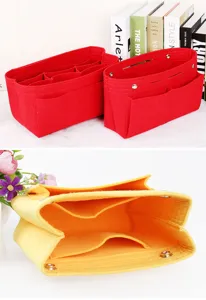 Rote und gelbe Filz-Taschen-Organizer mit mehreren Innenfächern und Metall-Druckknöpfen