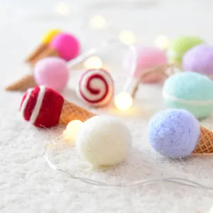 Felt ice cream cone and ball ornaments in macaron colors for Christmas DIY crafts