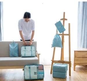 Detailansicht des mehrteiligen Reise Organizer Taschen Sets in gemütlicher Wohnumgebung.