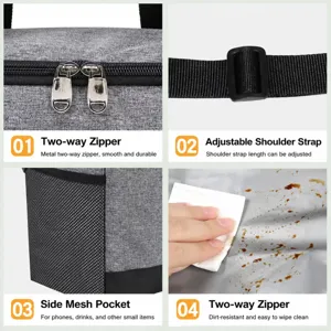 Portable insulated picnic cooler bag with zipper and mesh pocket for outdoor camping