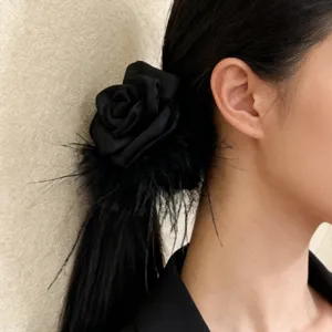 Elegant black satin rose hair scrunchie with ostrich feathers for high-end look