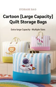 Extra large cartoon quilt storage bag with reinforced handles, moisture-proof fabric design.