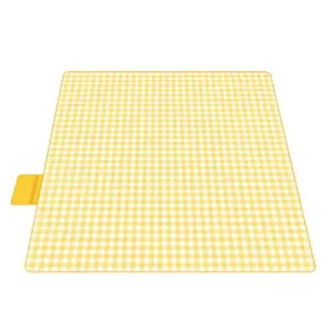 Waterproof yellow plaid picnic mat with portable handle for outdoor camping and beach.