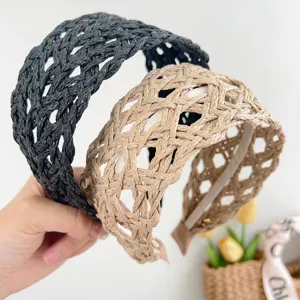 Women Summer Broad Edge Raffia Straw Woven Headband Hollow Mesh Hairband Beach Vacation Style Handmade Hair Accessories