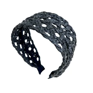 Elegant handmade black woven wide headband for summer holiday and daily hair styling