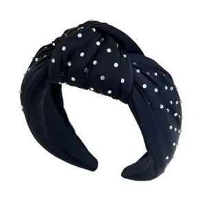 Elegante zwarte geknoopte stoffen hoofdband met fonkelende steentjes voor dames.