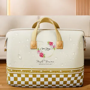 Grand sac de rangement de voyage en tissu durable avec motif floral et poignées solides.