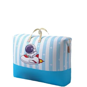 Large capacity storage bag with cute astronaut print, blue and white stripes for quilt and clothes.