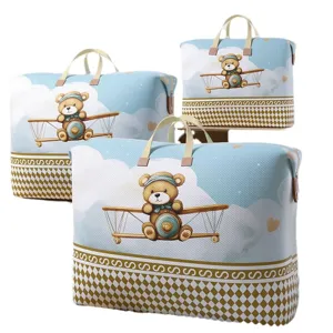Grand sac de rangement pour couette avec motif d'ours, idéal pour la maison et les voyages.