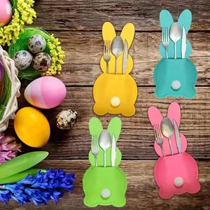 Easter Bunny Felt Cutlery Holder Rabbit Silverware Pocket Pouch Festive Table Decor Party Supplies Cutlery Organizer Bag