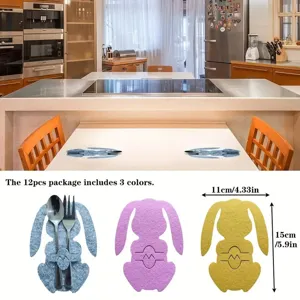 Set di 12 portaposate in feltro a forma di coniglietto pasquale in 3 colori con dimensioni