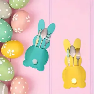 Detailed view of Easter bunny felt cutlery holders with stainless steel utensils