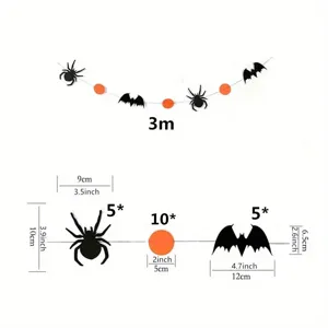 Detailed size specifications for 3m Halloween garland with felt spiders and bats.