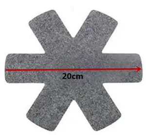 Close-up of gray snowflake-shaped felt pot protector with 20cm width dimension marking