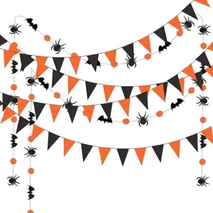 Decorative Halloween felt garland featuring black bats, spiders and orange banners