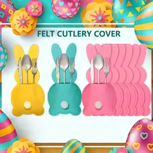 Detailed view of cute rabbit-shaped felt cutlery covers for Easter table party decor set.
