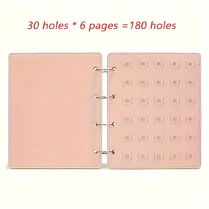Pink jewelry storage book showing 180 holes capacity and ring binder detail