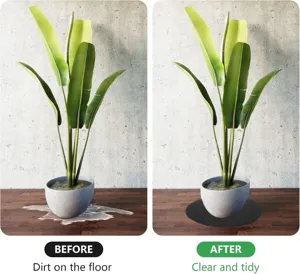 Detailed before and after comparison of a felt plant coaster protecting the wooden floor