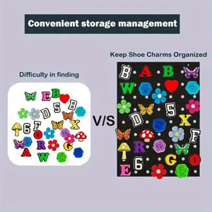 Comparison of shoe charms storage board showing organized and disorganized items