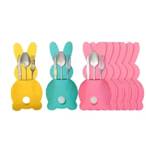 Bunny felt cutlery holders for Easter table decoration in yellow teal pink