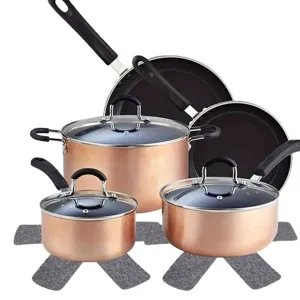 Juego de cocina antiadherente de cobre con 12 protectores de fieltro gris y tapas