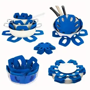 Set of blue flower-shaped felt pot and pan protectors for scratch-free stacking