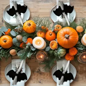 Black bat-shaped felt cutlery holders on a beautifully decorated Halloween table