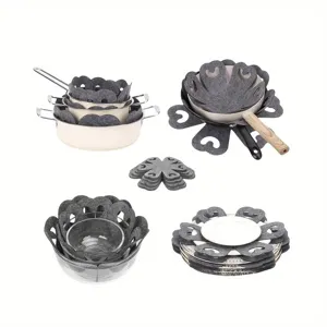 Set of grey heart-shaped felt protectors for pots, pans, bowls, and ceramic plates