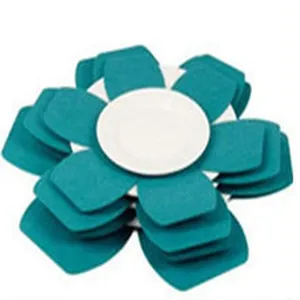 Detail view of teal flower-shaped felt pot protectors used for cookware protection
