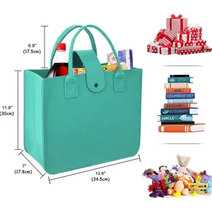 Large teal felt tote bag organizer showing detailed size dimensions for home storage