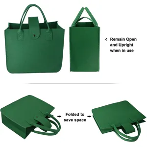 Detail showing the green felt tote bag remain upright and folded to save space.