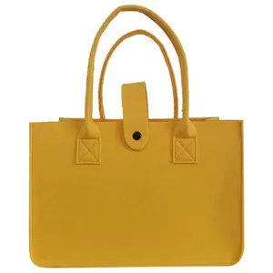 Large yellow felt tote bag with handles and snap closure for storage and shopping
