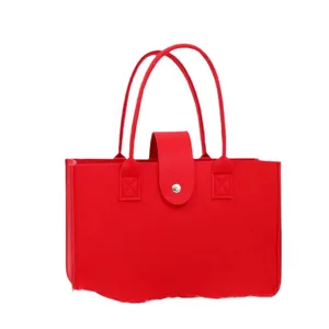 Vibrant red felt tote bag for shopping and organizer storage with handles and metal buckle.