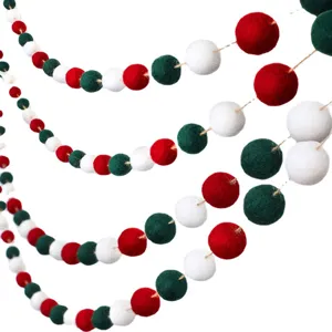 Red green and white Christmas wool felt ball garland for festive holiday party decor