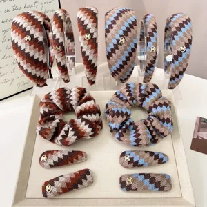 Fair Isle Vintage Gebreide Hoofdband Scrunchie Haarspeld Voor Vrouwen Retro Winter Kerstmis Gebreide Stof Haaraccessoires Met Metalen Logo