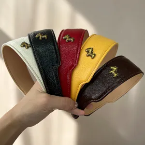 Nahaufnahme von Vintage-Lederstirnbändern mit Pferde-Metallornamenten in Farben