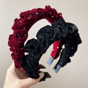 Korean Style Flocked Ruched Headband For Women Romantic Starry Sequin Pleated Hair Band High Top Headpiece For New Year