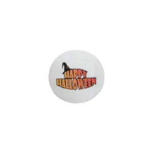 Round white felt Halloween coaster featuring Happy Halloween text and witch hat design