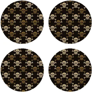 4er-Set runde Filzuntersetzer mit klassischem goldenem Totenkopf- und Knochenmuster