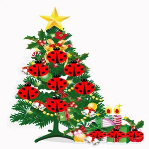 Detailed macro view of red ladybug non-woven fabric patches on a festive Christmas tree