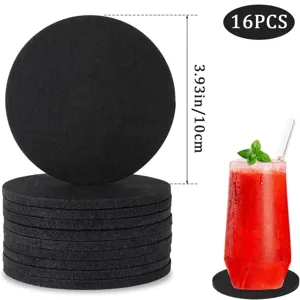 Set of 16 black circular felt coasters 3.93-inch diameter heat resistant table mats