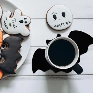 Detail of a black bat-shaped felt placemat used as a cup coaster for Halloween décor.