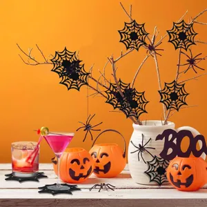 Halloween felt spiderweb coasters and festive table decorations for spooky party ambiance