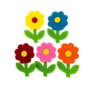 Detail view of five colorful felt flower craft accessories for handmade DIY projects