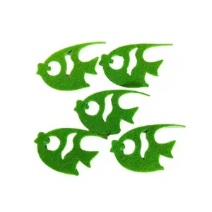 Five bright green fish-shaped felt cutouts for DIY handicraft and home decoration
