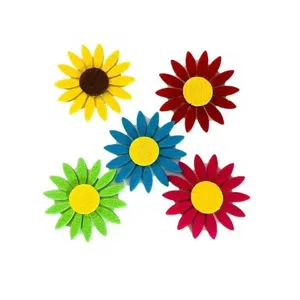 Close-up detail of five colorful multi-layered felt flower craft decorations on white