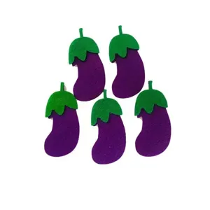Detail view of five cute purple felt eggplant handicraft DIY decoration accessories