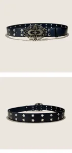 Black leather belt with vintage floral metal buckle and star eyelets for women and men.